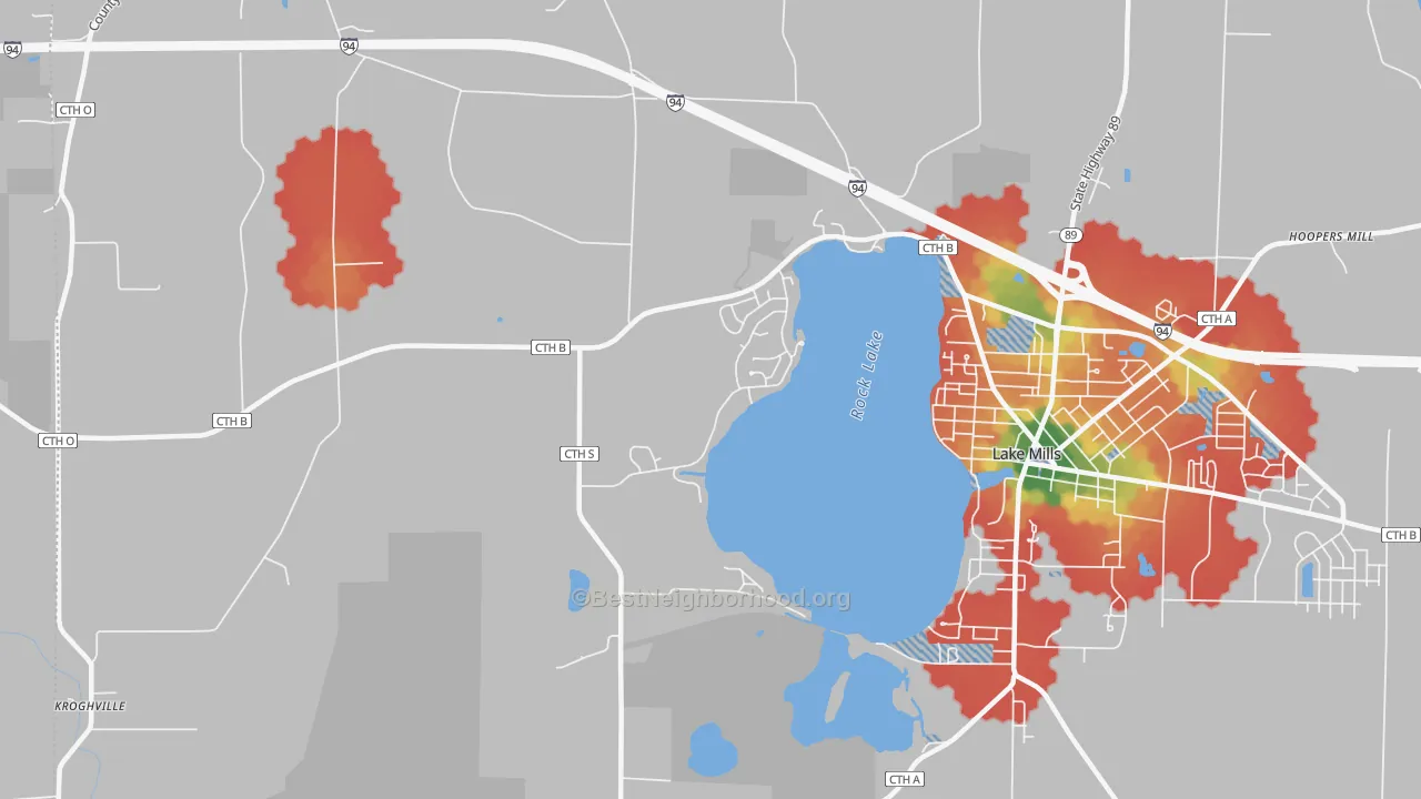 Walk Grade map of Milford, WI, walkable areas in green and car-dependent areas in red