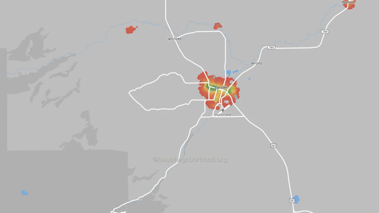 Walk Grade map of Milford, WY, walkable areas in green and car-dependent areas in red