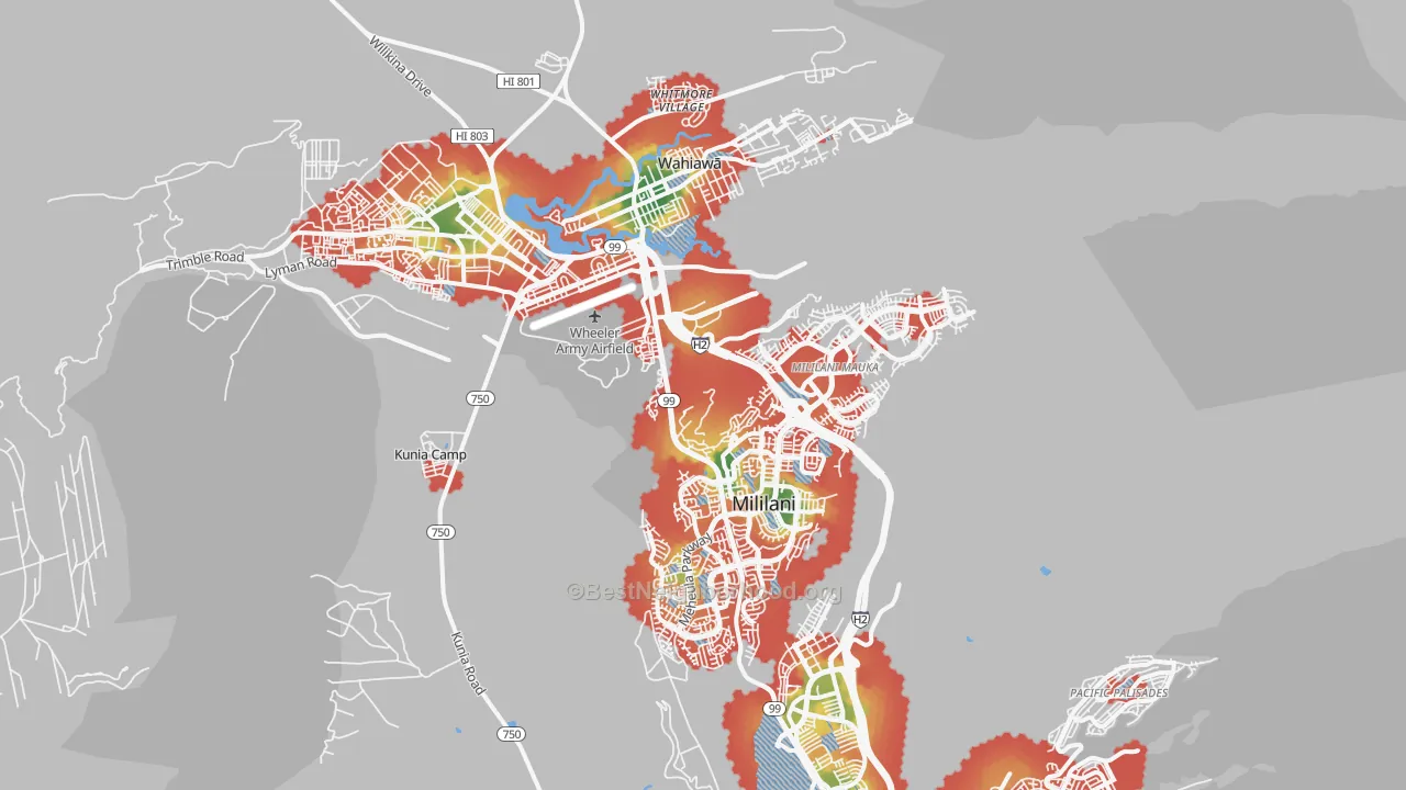 Walk Grade map of Mililani, HI, walkable areas in green and car-dependent areas in red