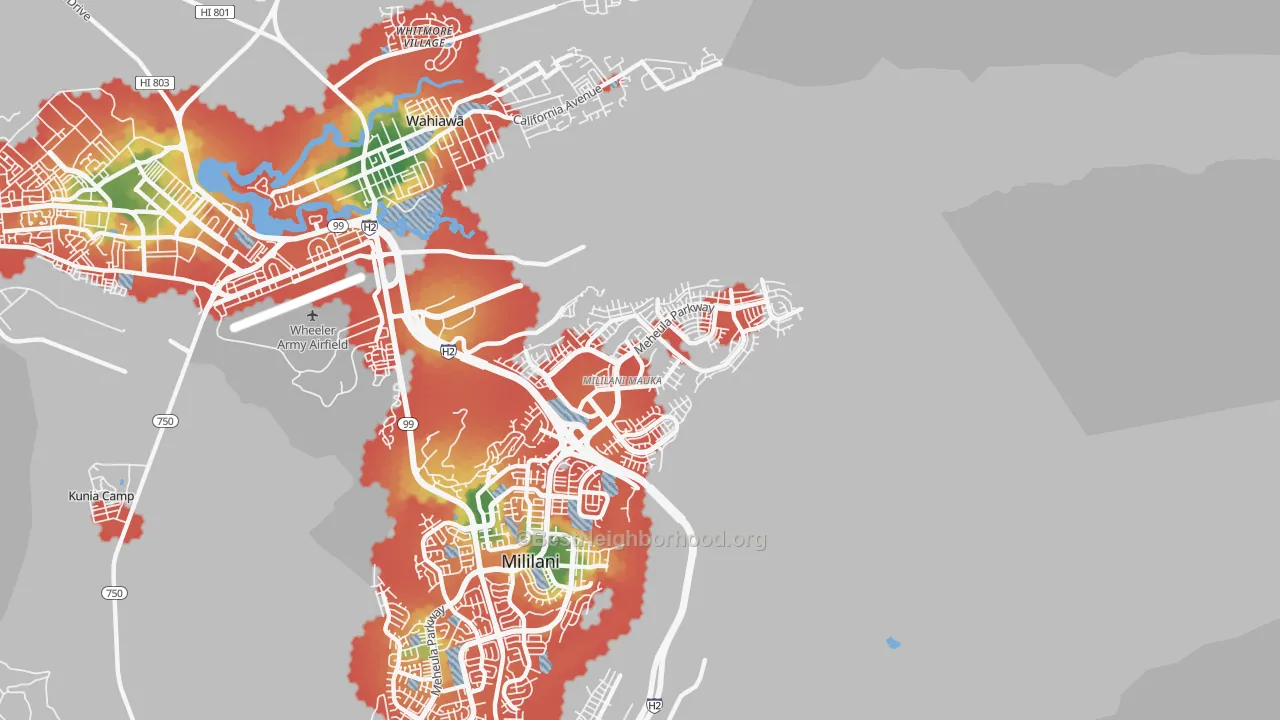 Walk Grade map of Mililani Mauka-Launani Valley, Mililani, HI, walkable areas in green and car-dependent areas in red