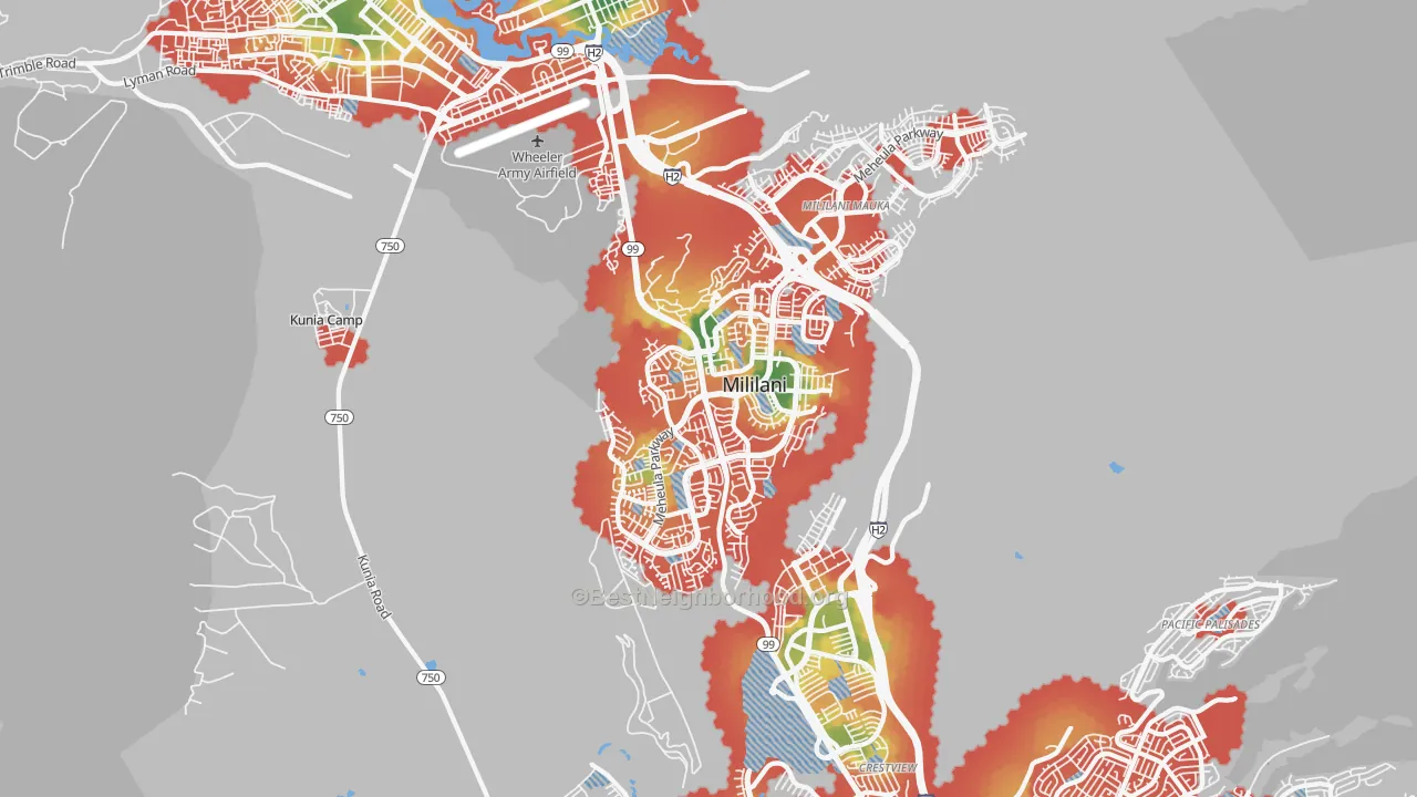 Walk Grade map of Mililani Waipio Melemanu, Mililani, HI, walkable areas in green and car-dependent areas in red