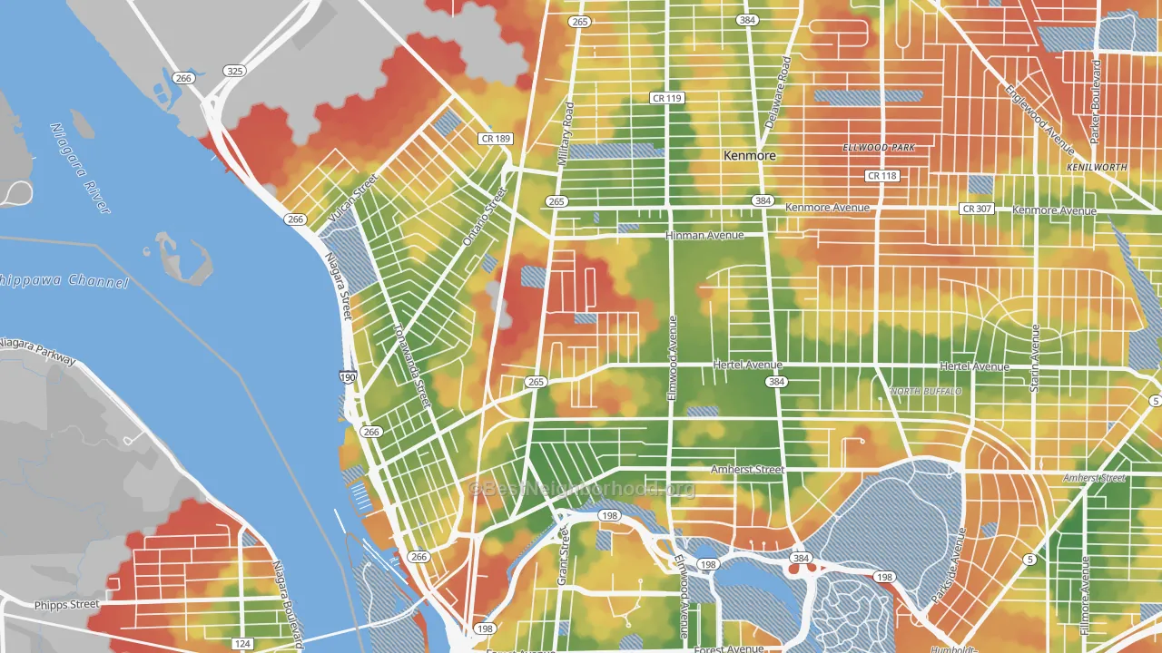 Walk Grade map of Military, Buffalo, NY, walkable areas in green and car-dependent areas in red