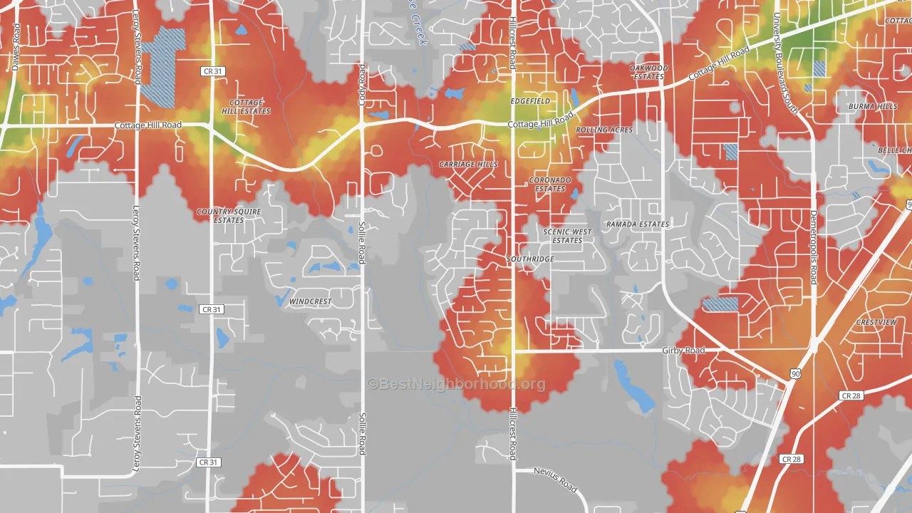 Walk Grade map of Milkhouse, Mobile, AL, walkable areas in green and car-dependent areas in red