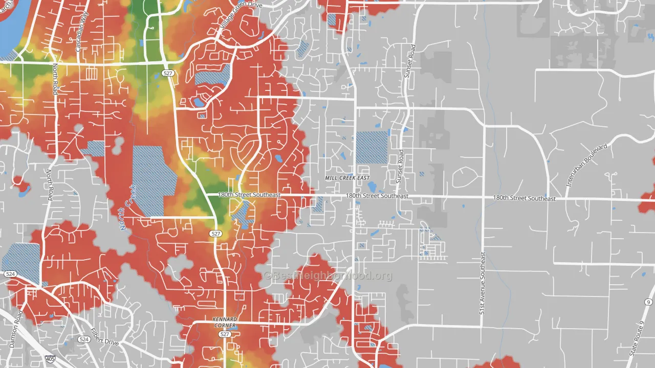 Walk Grade map of Mill Creek East, WA, walkable areas in green and car-dependent areas in red