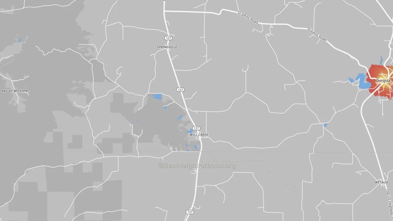 Walk Grade map of Mill Creek, IL, walkable areas in green and car-dependent areas in red
