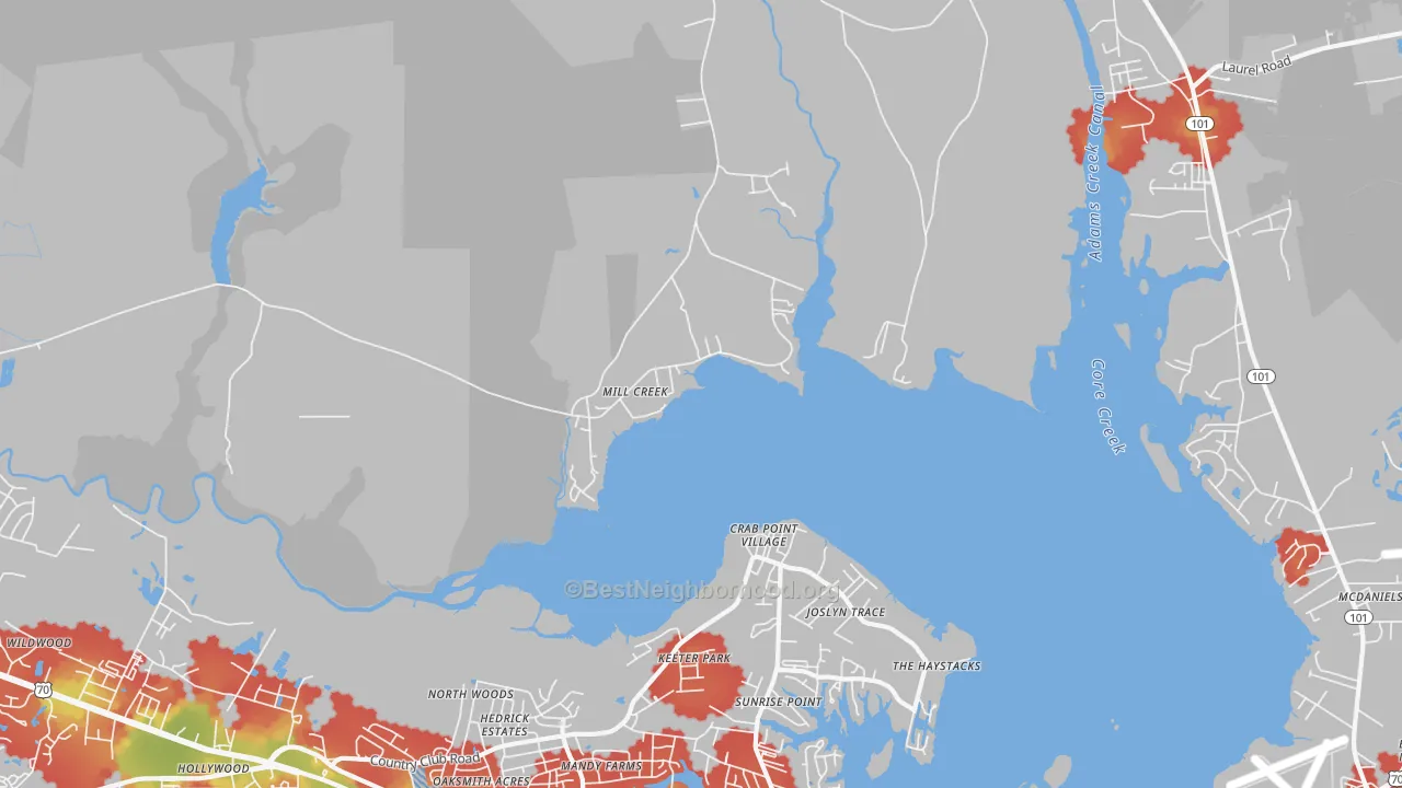 Walk Grade map of Mill Creek, NC, walkable areas in green and car-dependent areas in red
