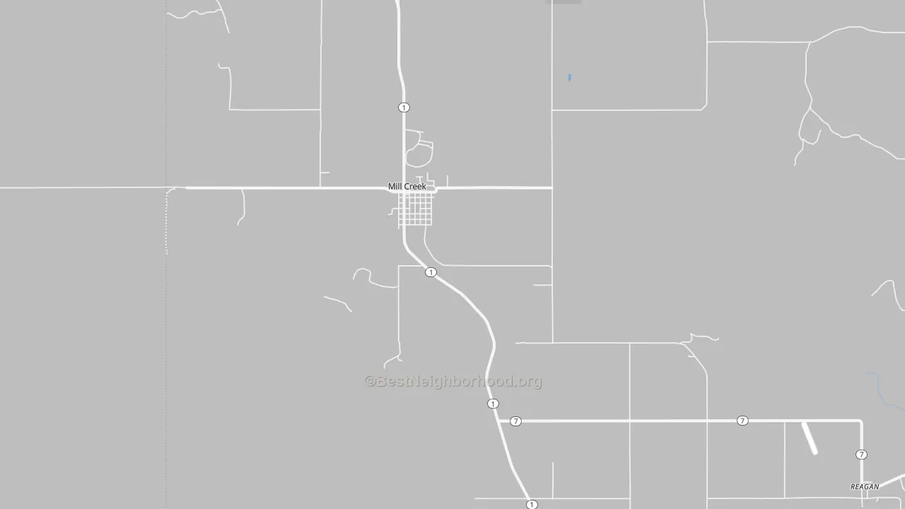 Walk Grade map of Mill Creek, OK, walkable areas in green and car-dependent areas in red