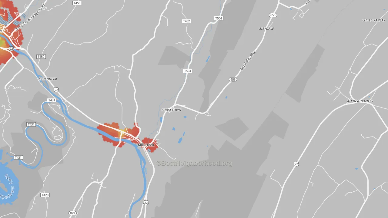 Walk Grade map of Mill Creek, PA, walkable areas in green and car-dependent areas in red