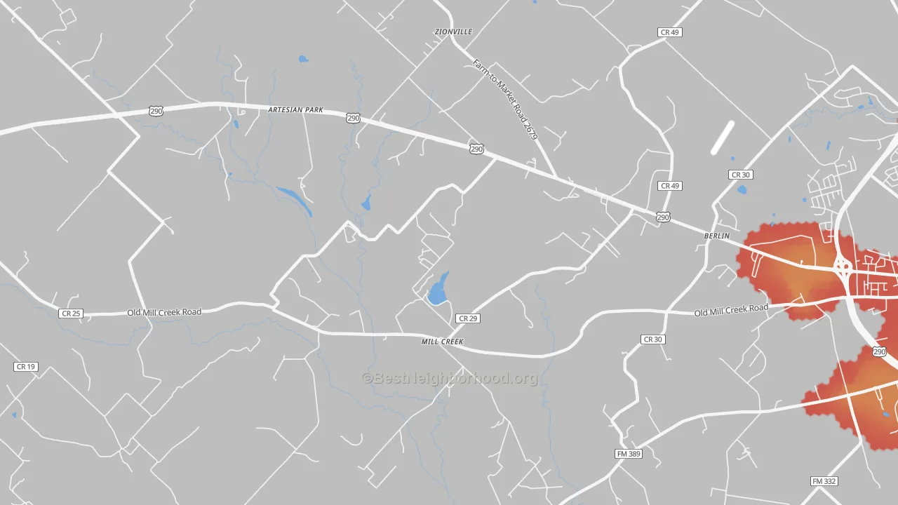 Walk Grade map of Mill Creek, TX, walkable areas in green and car-dependent areas in red