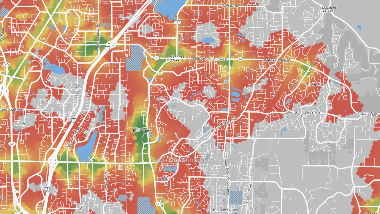 Walk Grade map of Mill Creek, WA, walkable areas in green and car-dependent areas in red