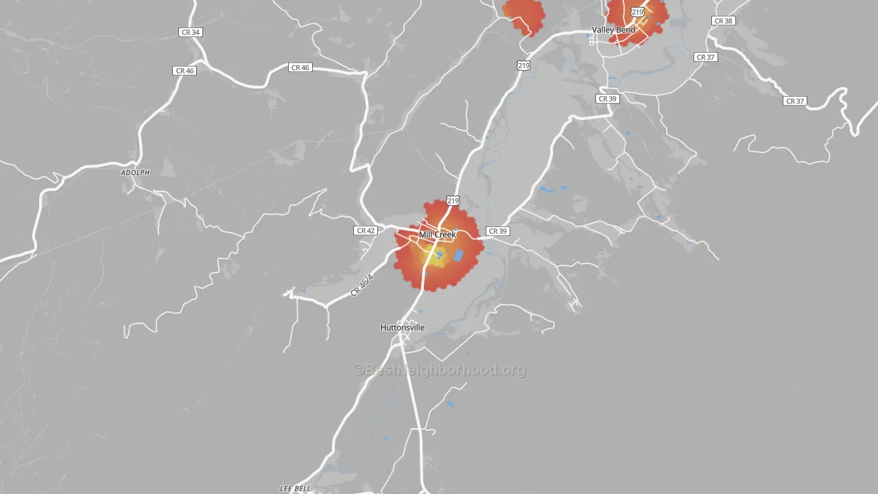 Walk Grade map of Mill Creek, WV, walkable areas in green and car-dependent areas in red
