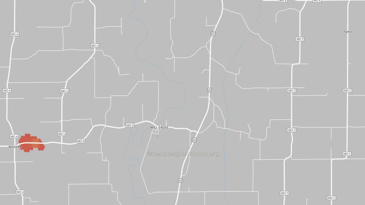 Walk Grade map of Mill Grove, MO, walkable areas in green and car-dependent areas in red