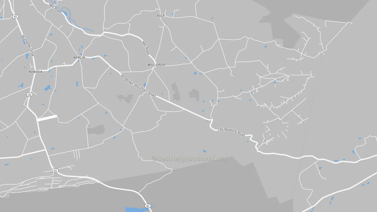Walk Grade map of Mill Grove, PA, walkable areas in green and car-dependent areas in red