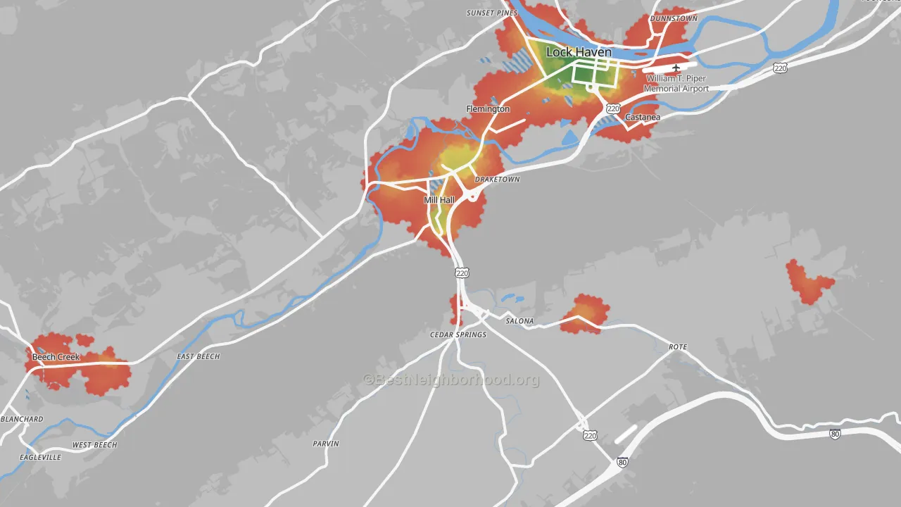 Walk Grade map of Mill Hall, PA, walkable areas in green and car-dependent areas in red