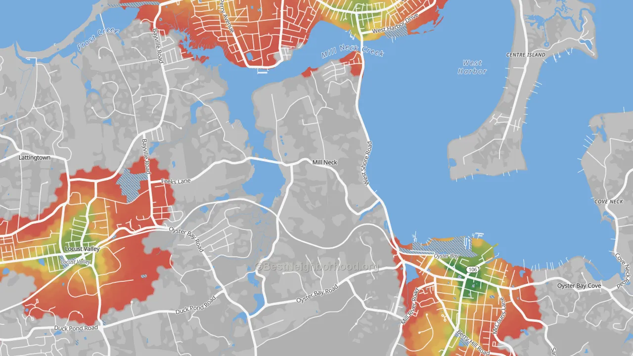 Walk Grade map of Mill Neck, NY, walkable areas in green and car-dependent areas in red