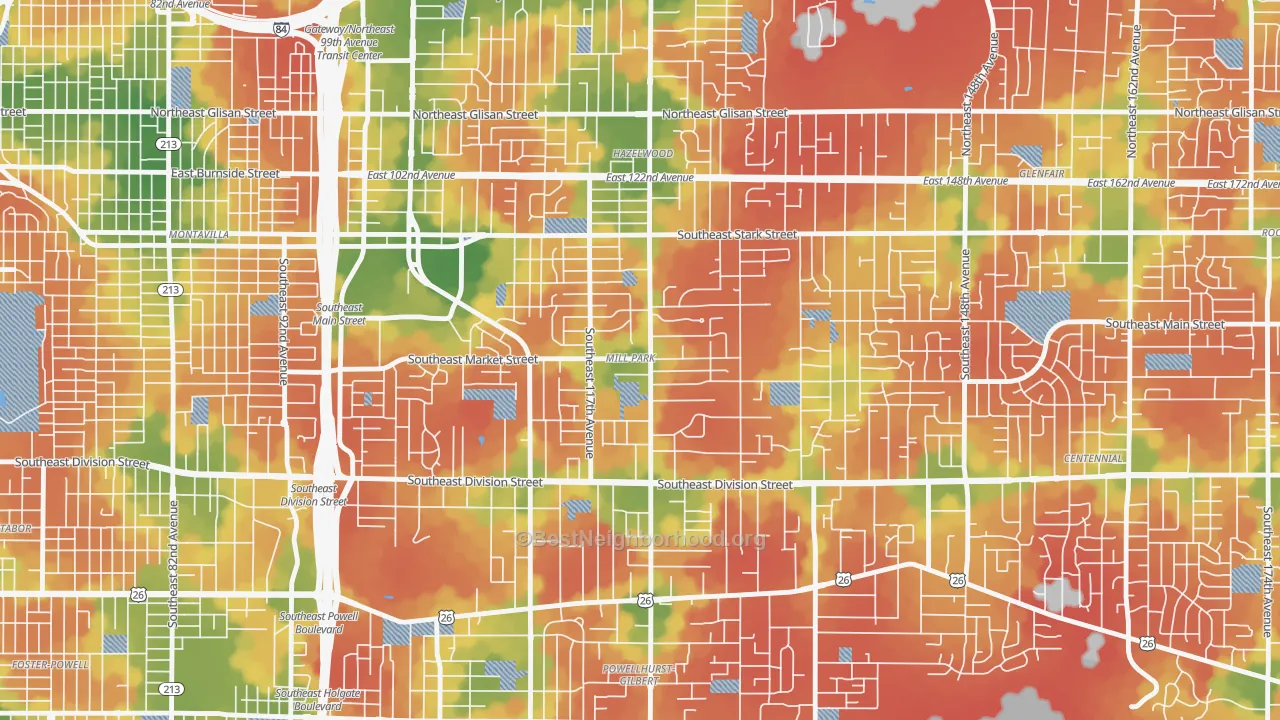Walk Grade map of Mill Park, Portland, OR, walkable areas in green and car-dependent areas in red