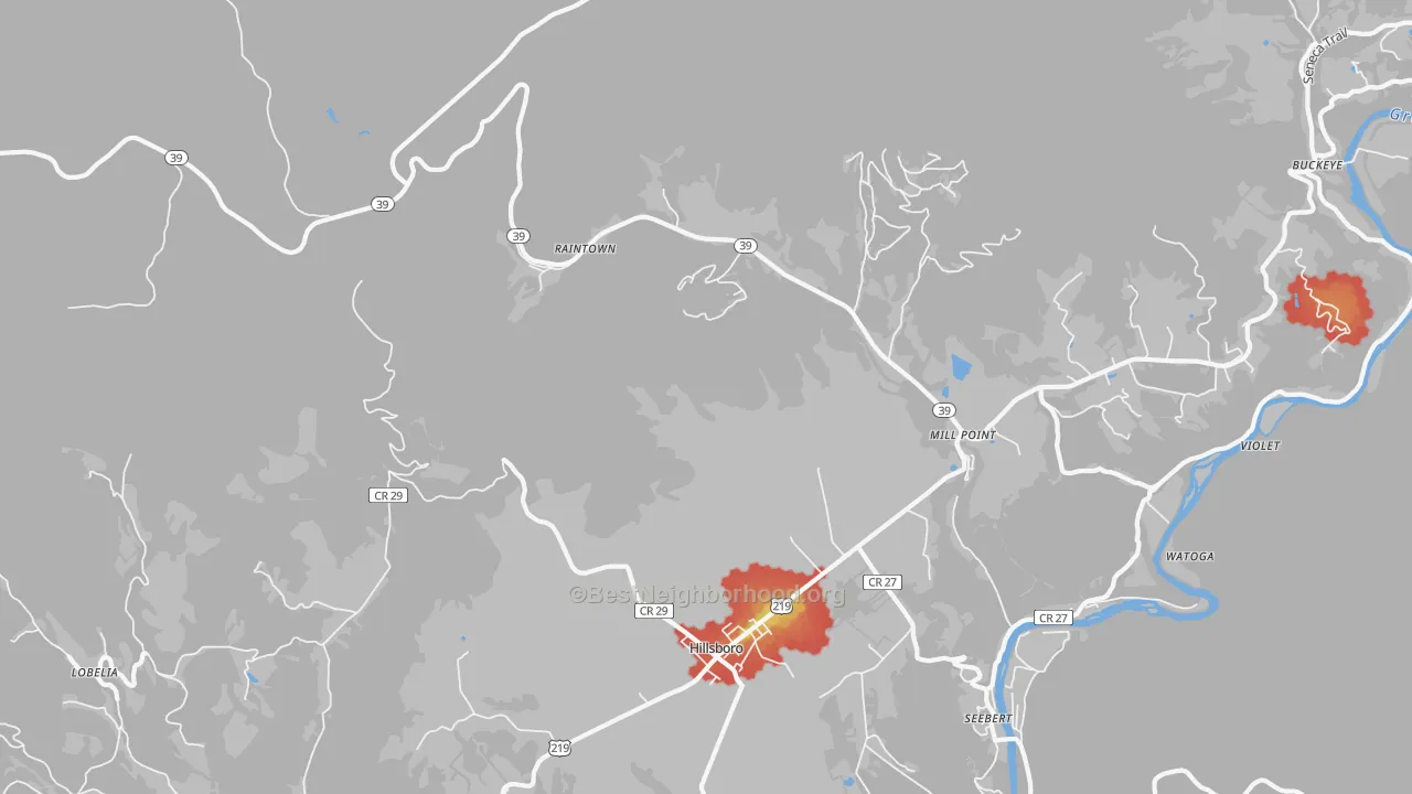 Walk Grade map of Mill Point, WV, walkable areas in green and car-dependent areas in red