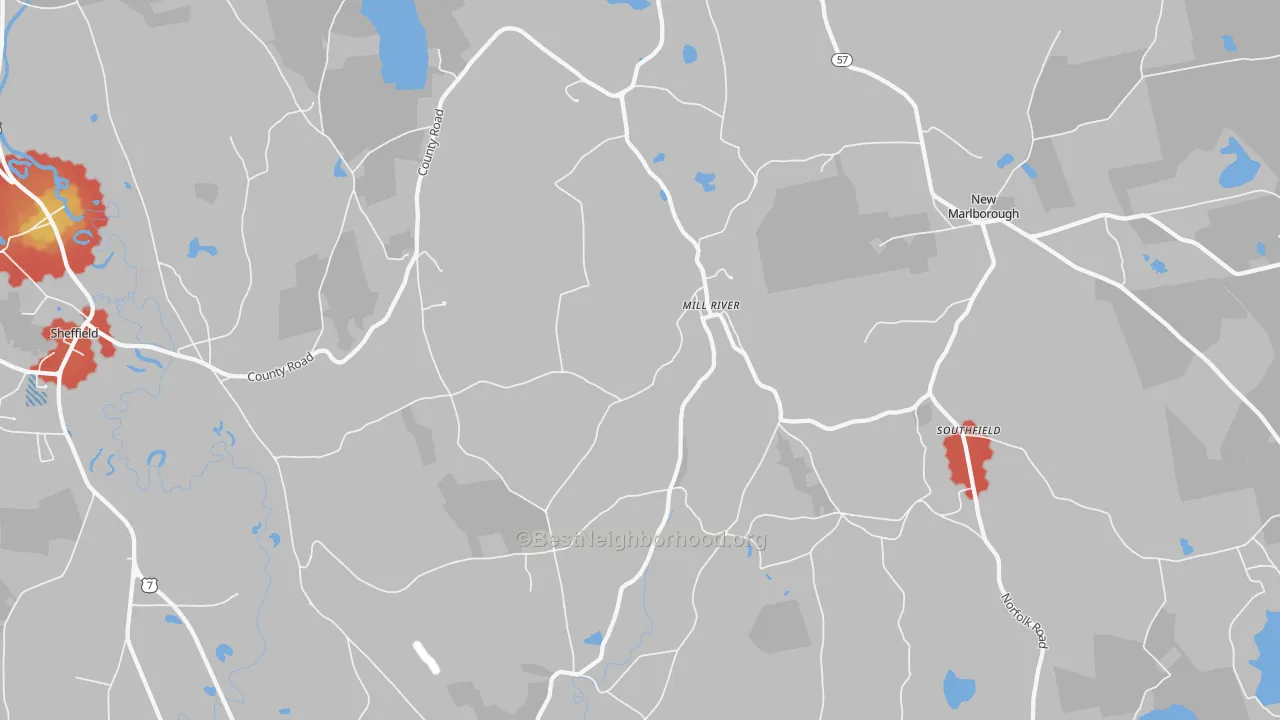 Walk Grade map of Mill River, MA, walkable areas in green and car-dependent areas in red