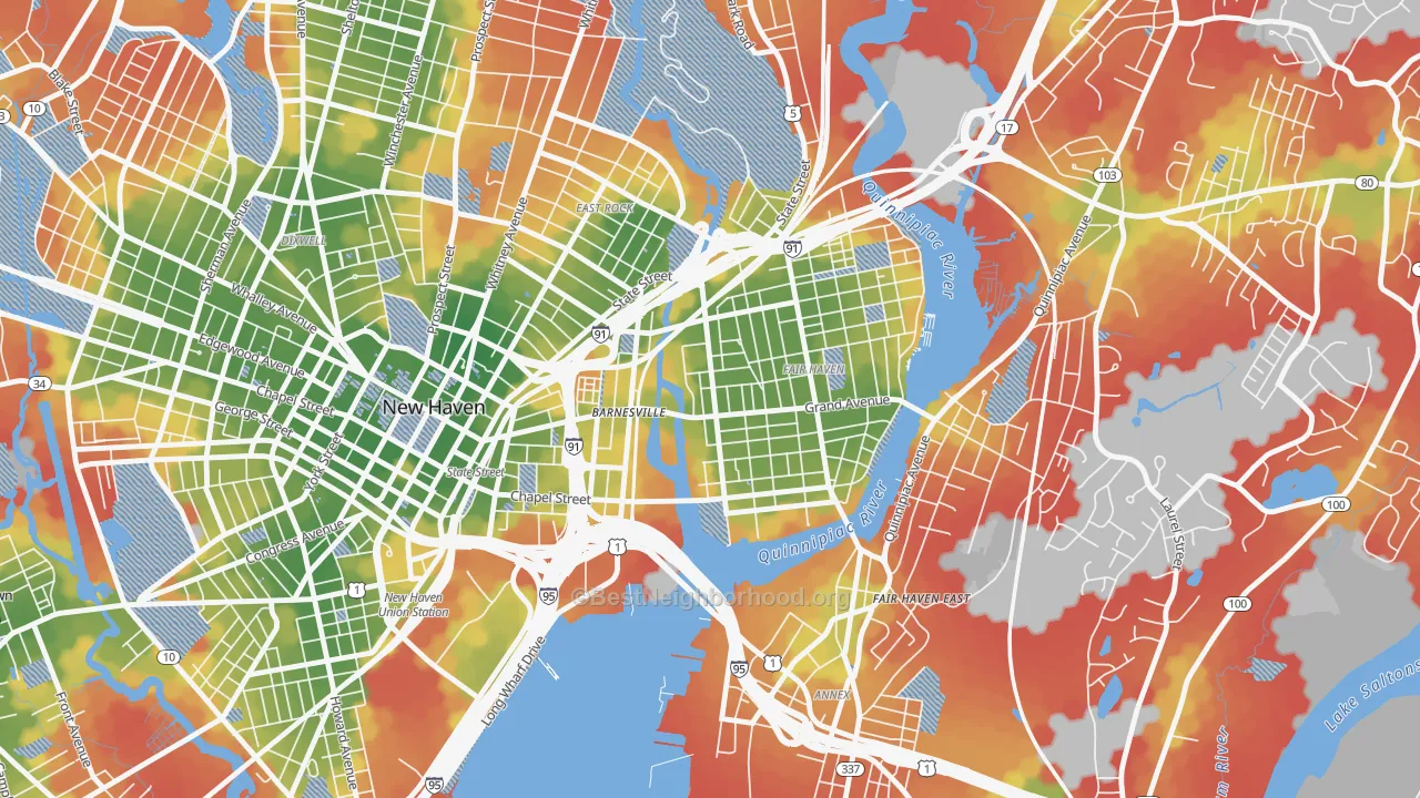 Walk Grade map of Mill River, New Haven, CT, walkable areas in green and car-dependent areas in red