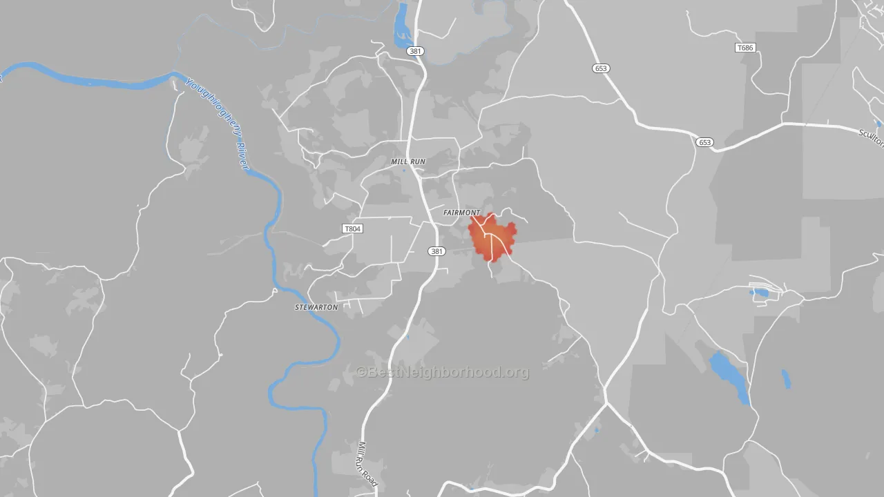 Walk Grade map of Mill Run, PA, walkable areas in green and car-dependent areas in red