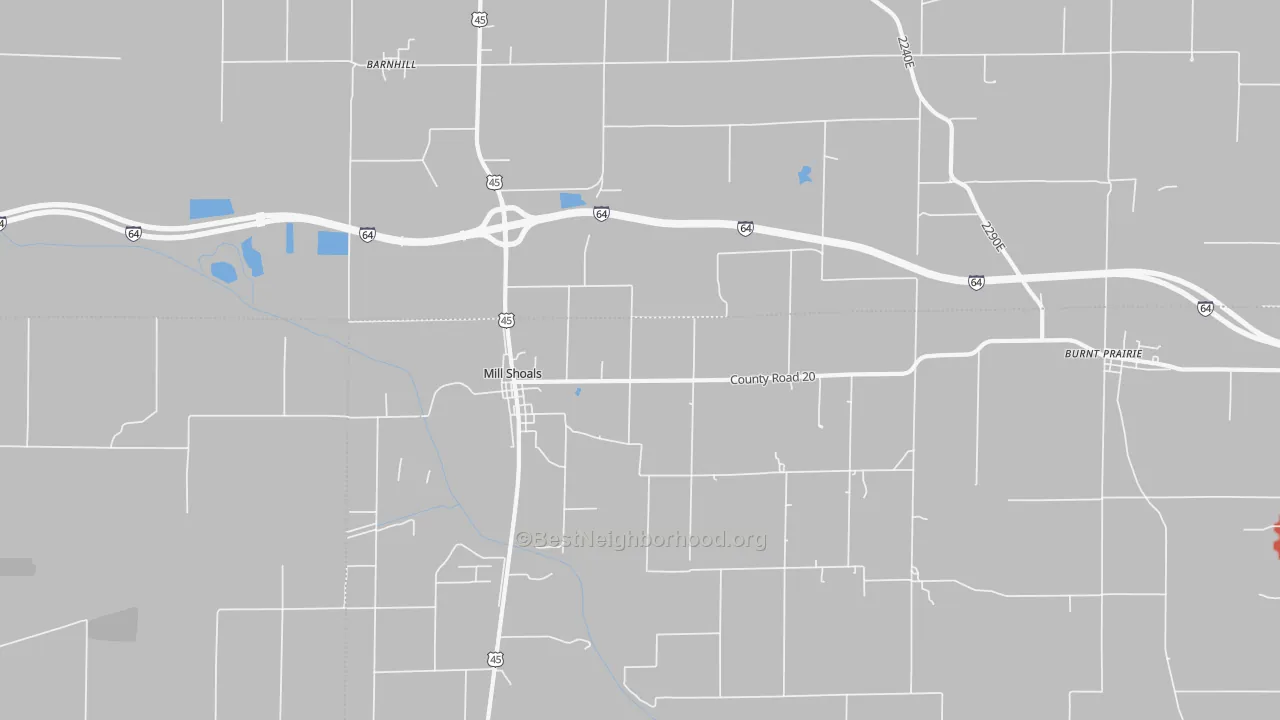 Walk Grade map of Mill Shoals, IL, walkable areas in green and car-dependent areas in red
