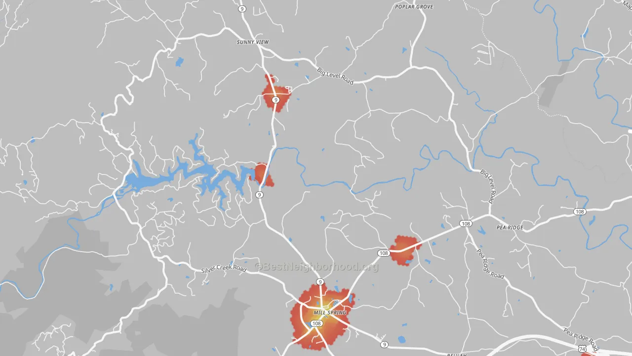 Walk Grade map of Mill Spring, NC, walkable areas in green and car-dependent areas in red