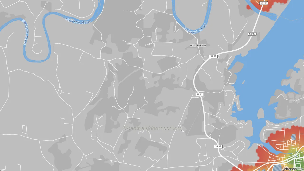 Walk Grade map of Mill Spring, TN, walkable areas in green and car-dependent areas in red