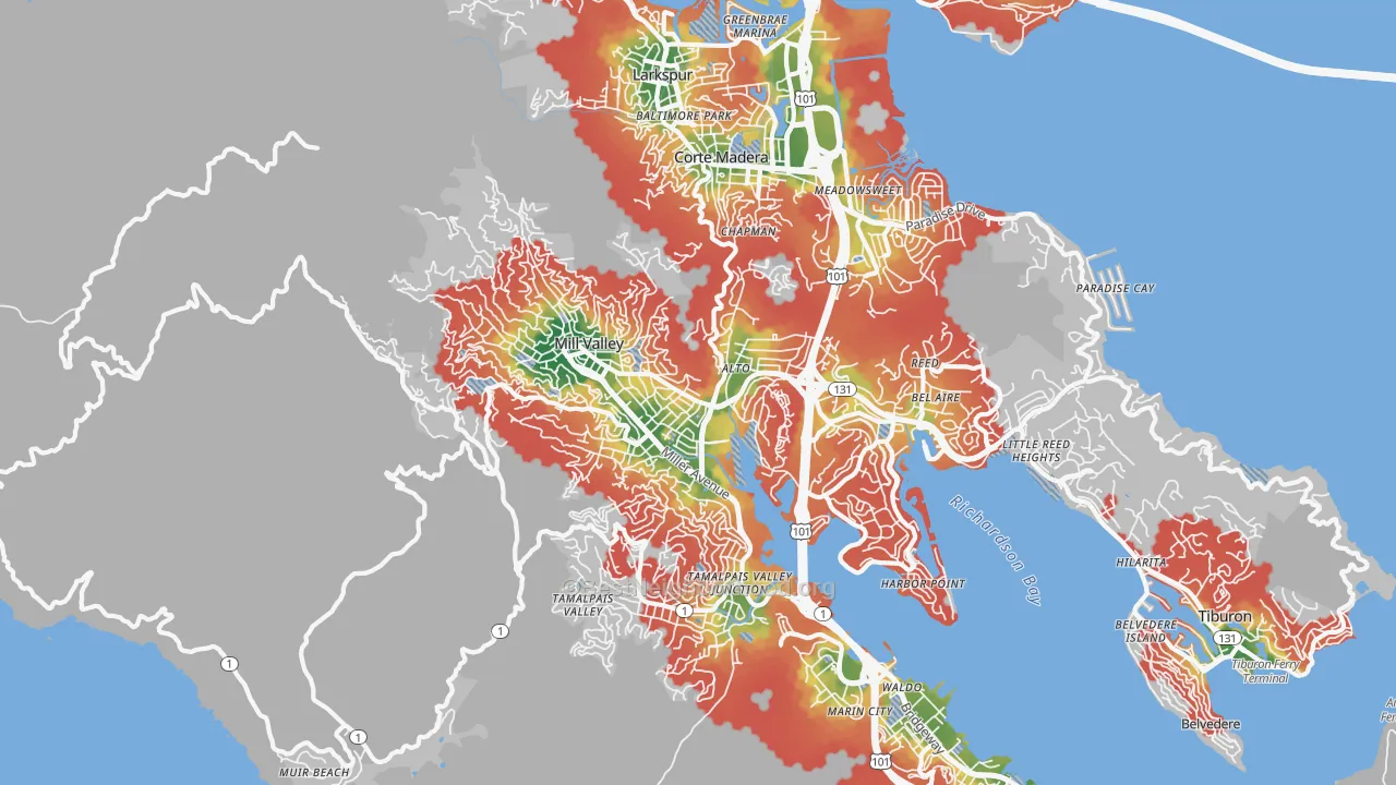 Walk Grade map of Mill Valley, CA, walkable areas in green and car-dependent areas in red