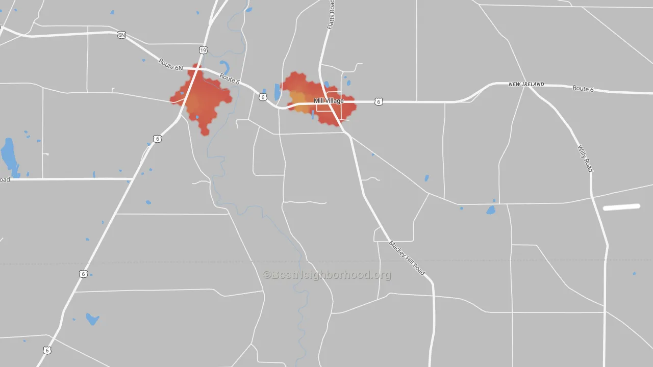 Walk Grade map of Mill Village, PA, walkable areas in green and car-dependent areas in red
