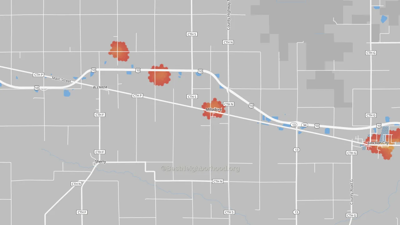 Walk Grade map of Milladore, WI, walkable areas in green and car-dependent areas in red