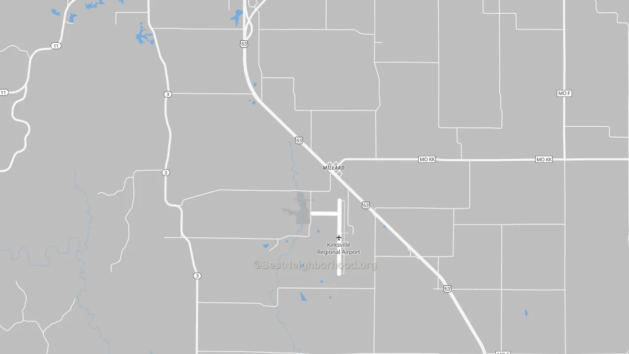 Walk Grade map of Millard, MO, walkable areas in green and car-dependent areas in red
