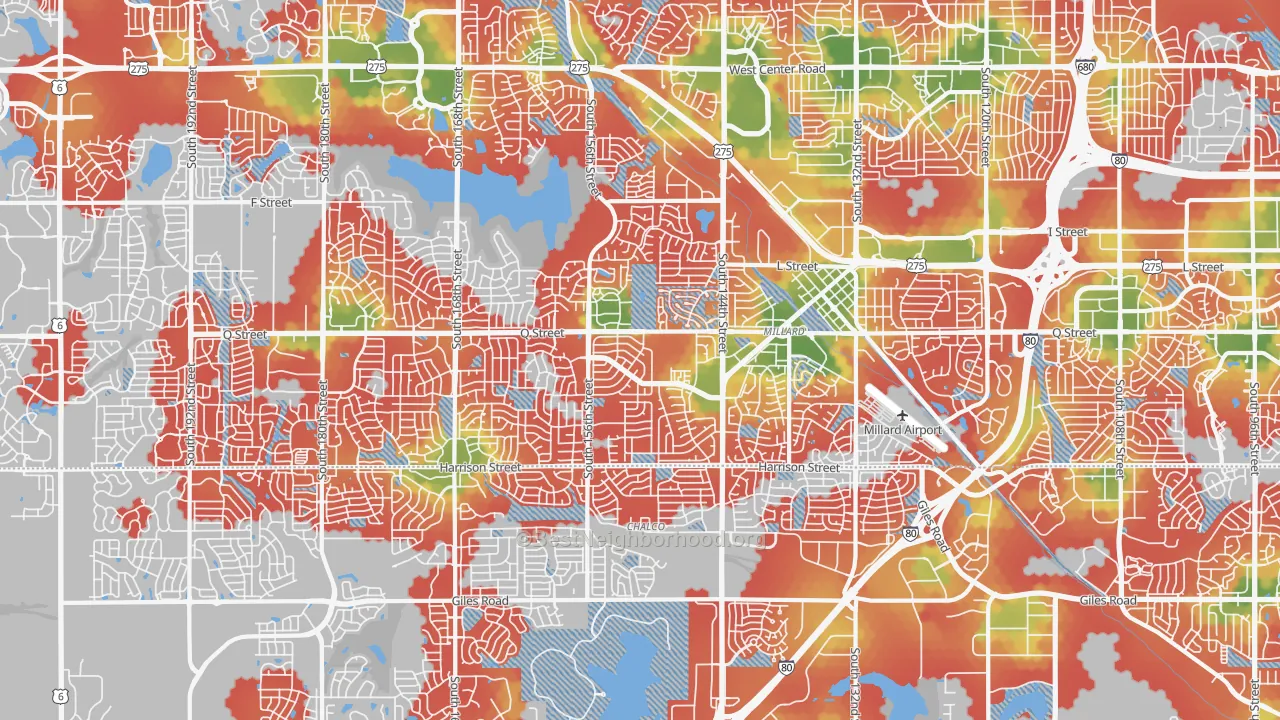Walk Grade map of Millard, Omaha, NE, walkable areas in green and car-dependent areas in red