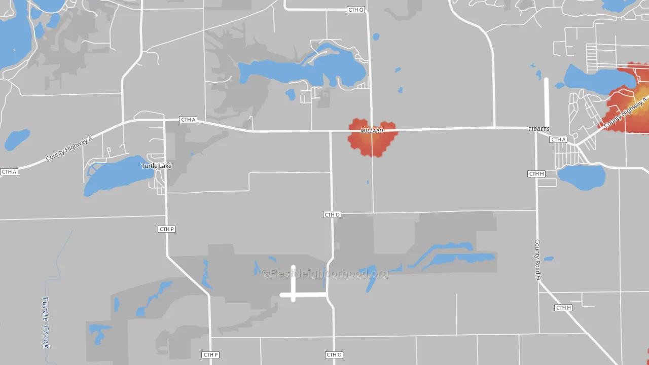 Walk Grade map of Millard, WI, walkable areas in green and car-dependent areas in red