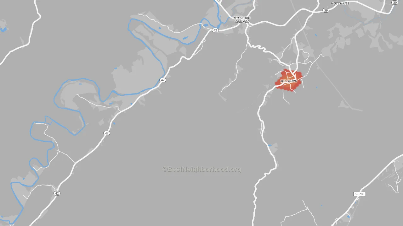 Walk Grade map of Millboro Springs, VA, walkable areas in green and car-dependent areas in red