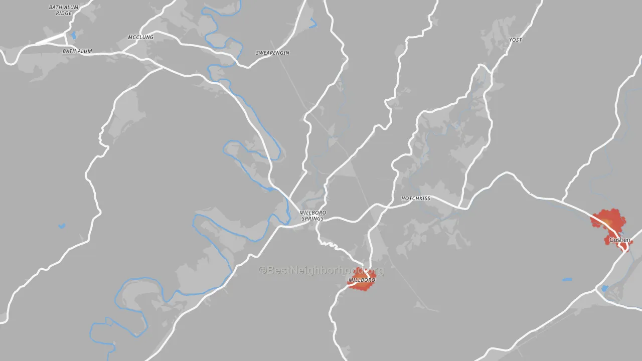 Walk Grade map of Millboro, VA, walkable areas in green and car-dependent areas in red