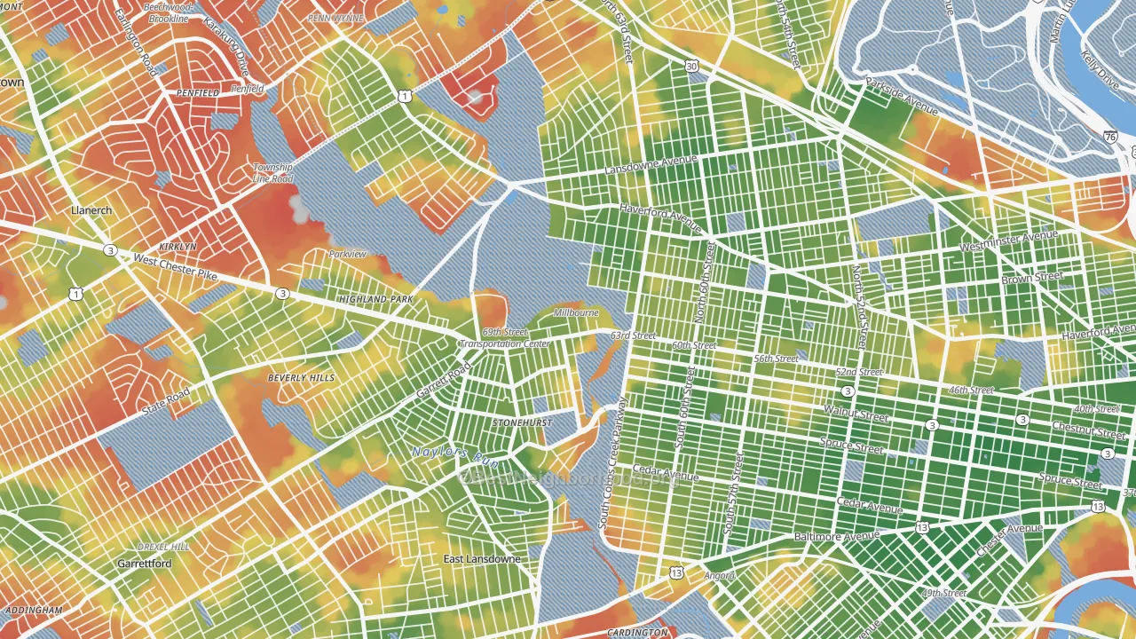 Walk Grade map of Millbourne, PA, walkable areas in green and car-dependent areas in red