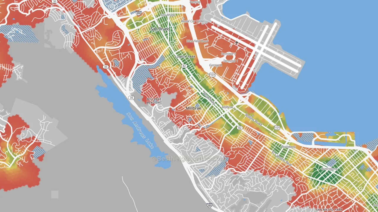 Walk Grade map of Millbrae, CA, walkable areas in green and car-dependent areas in red