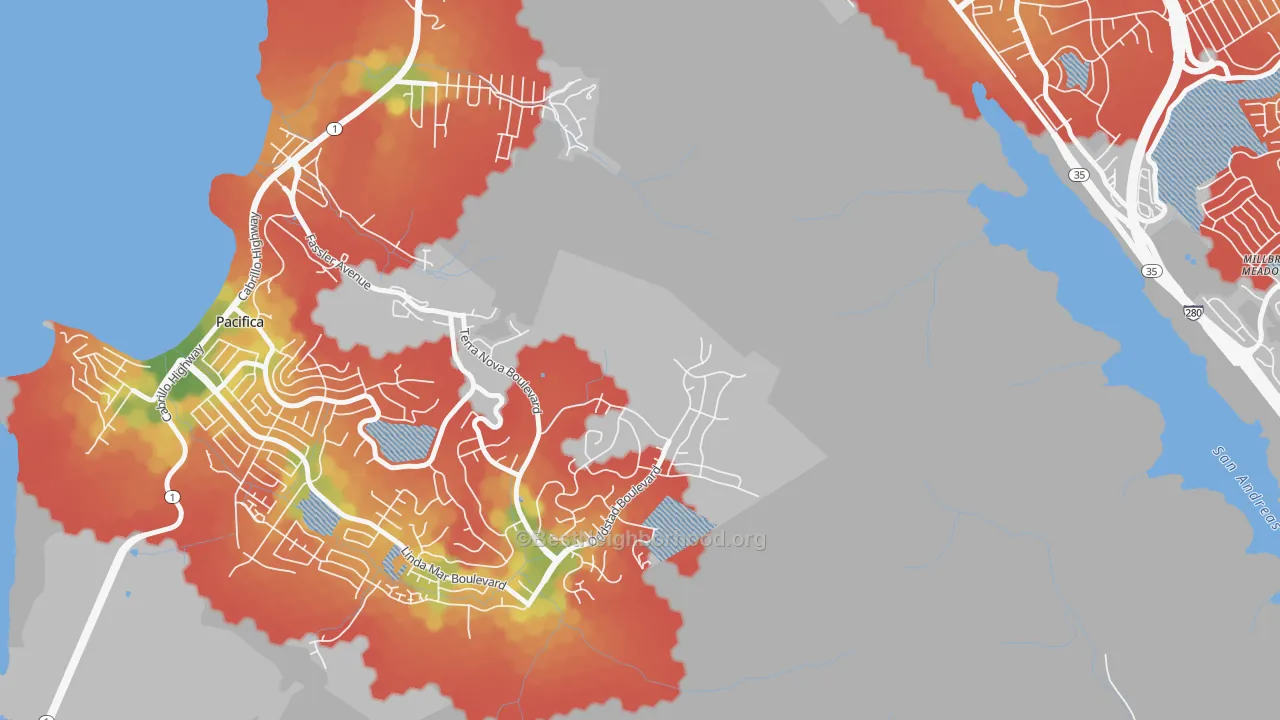 Walk Grade map of Millbrae Meadows, CA, walkable areas in green and car-dependent areas in red