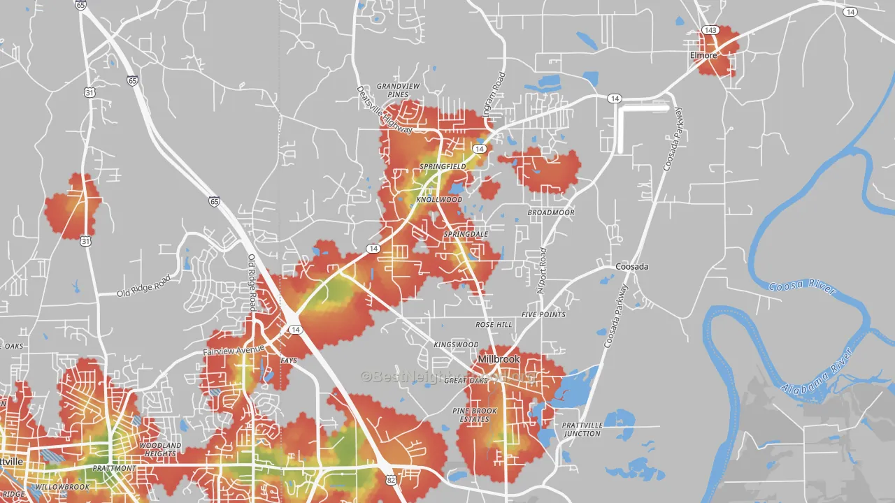 Walk Grade map of Millbrook, AL, walkable areas in green and car-dependent areas in red