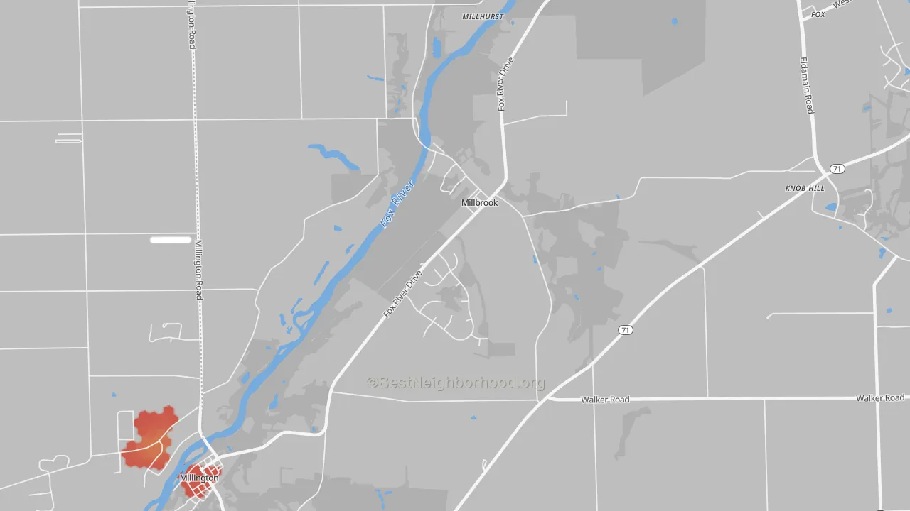 Walk Grade map of Millbrook, IL, walkable areas in green and car-dependent areas in red