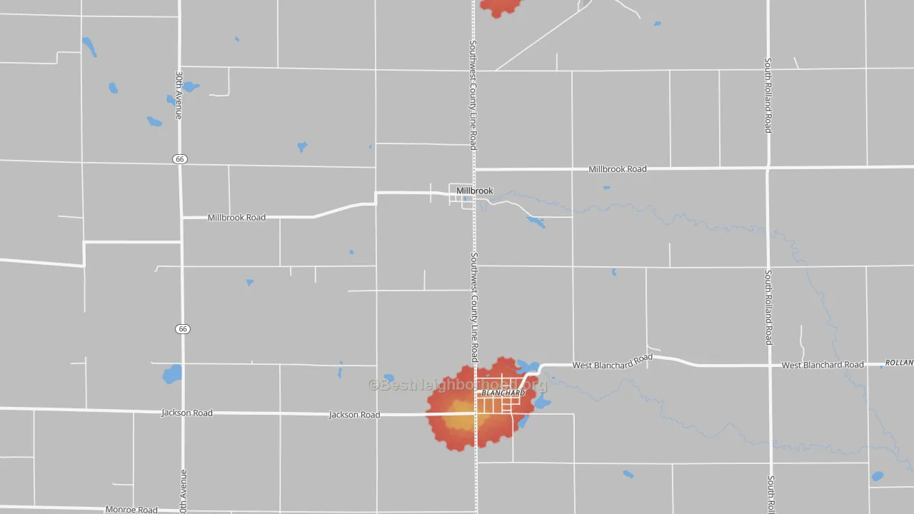 Walk Grade map of Millbrook, MI, walkable areas in green and car-dependent areas in red