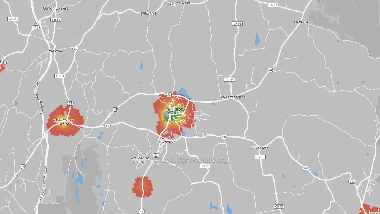 Walk Grade map of Millbrook, NY, walkable areas in green and car-dependent areas in red