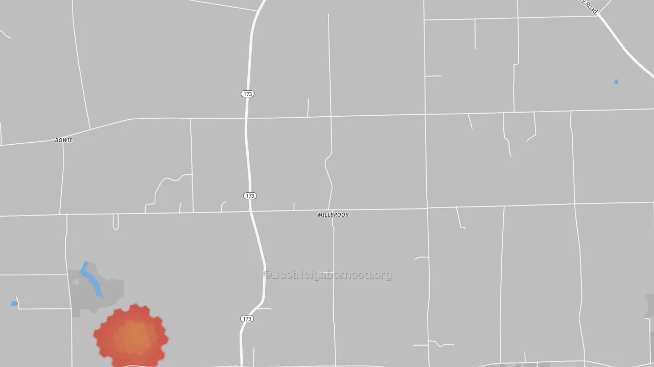 Walk Grade map of Millbrook, PA, walkable areas in green and car-dependent areas in red