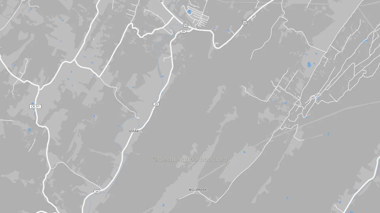 Walk Grade map of Millbrook, WV, walkable areas in green and car-dependent areas in red