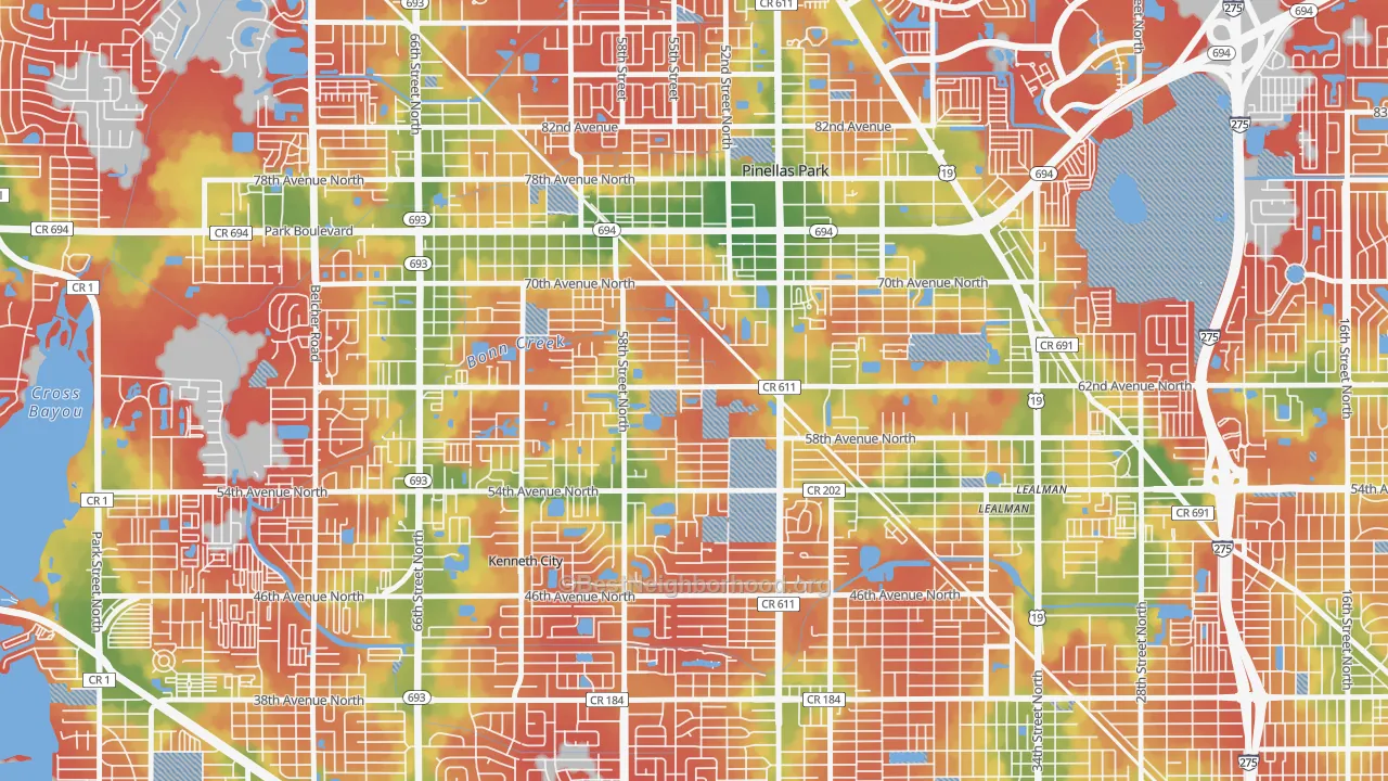 Walk Grade map of Millbrooke Ranch, Pinellas Park, FL, walkable areas in green and car-dependent areas in red