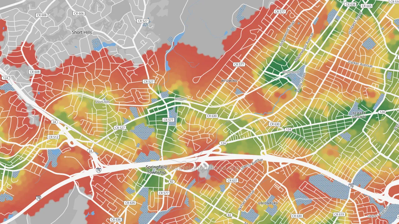 Walk Grade map of Millburn, NJ, walkable areas in green and car-dependent areas in red