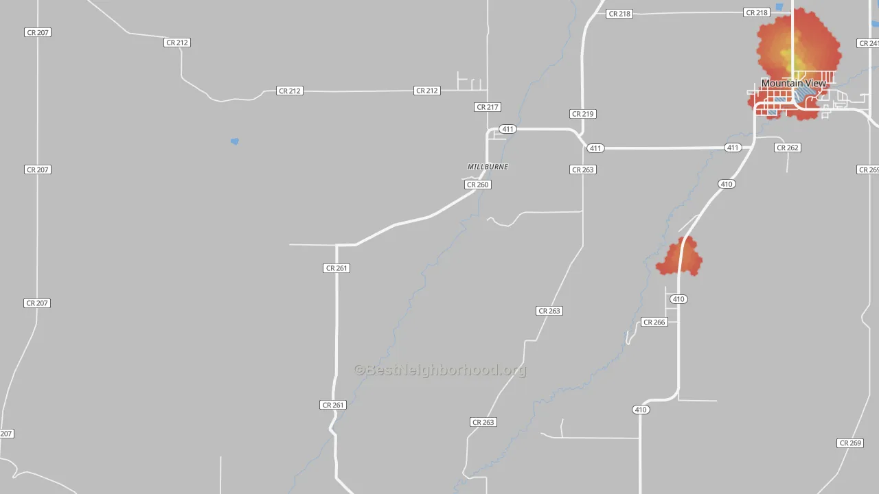 Walk Grade map of Millburne, WY, walkable areas in green and car-dependent areas in red
