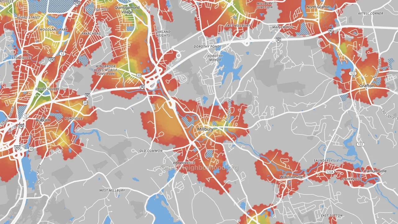 Walk Grade map of Millbury, MA, walkable areas in green and car-dependent areas in red