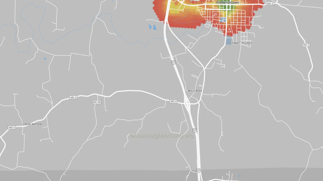 Walk Grade map of Millcreek, MO, walkable areas in green and car-dependent areas in red