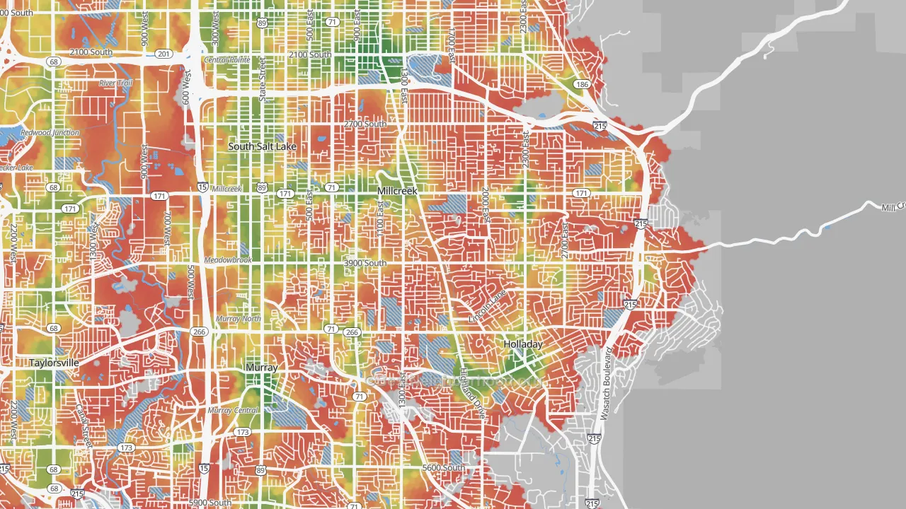 Walk Grade map of Millcreek, Salt Lake City, UT, walkable areas in green and car-dependent areas in red